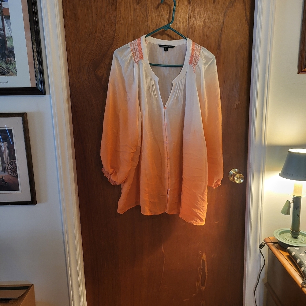 Zac & Rachel Button Up Blouse Womens 3X White Orange Ombre Flowy
